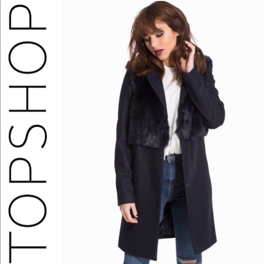 Topshop Navy Wool Blend Faux Fur Coat